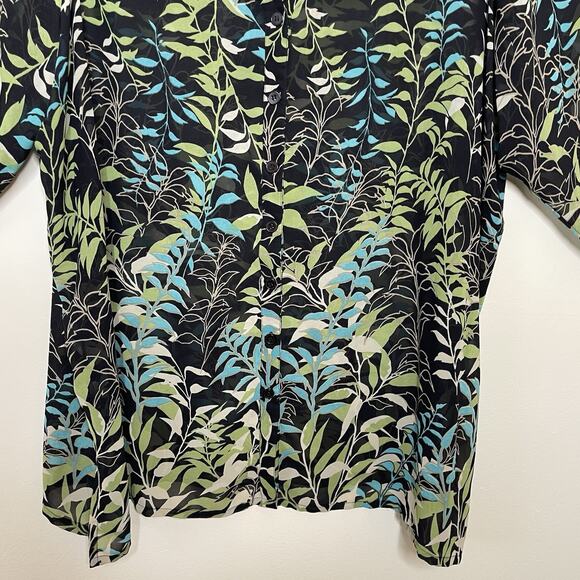 ULLA POPKEN Black Green Sheer Tunic Blouse Leaf Nature Print Boho Flowy Sz 28/30 - Picture 3 of 8
